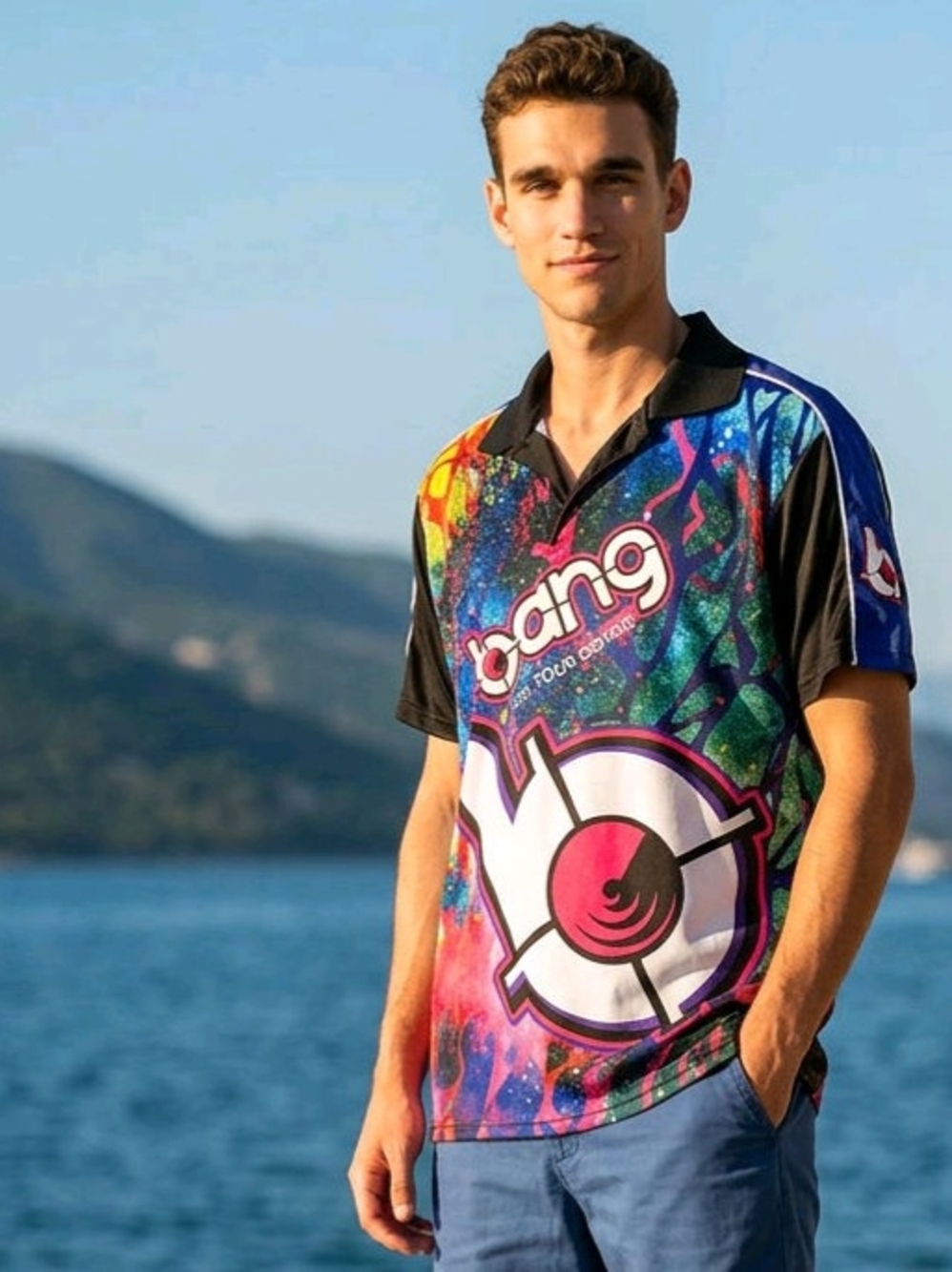 Bang Energy "Fuel Your Destiny" Polo Graffiti-Style Multicolor Spray Paint L EUC